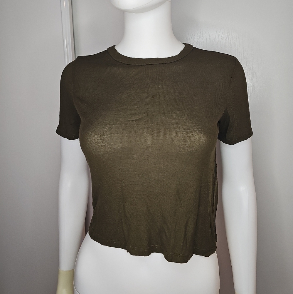 Zara Basic Sheer Top Size US S Small Olive Green Short Sleeve Crew Neck